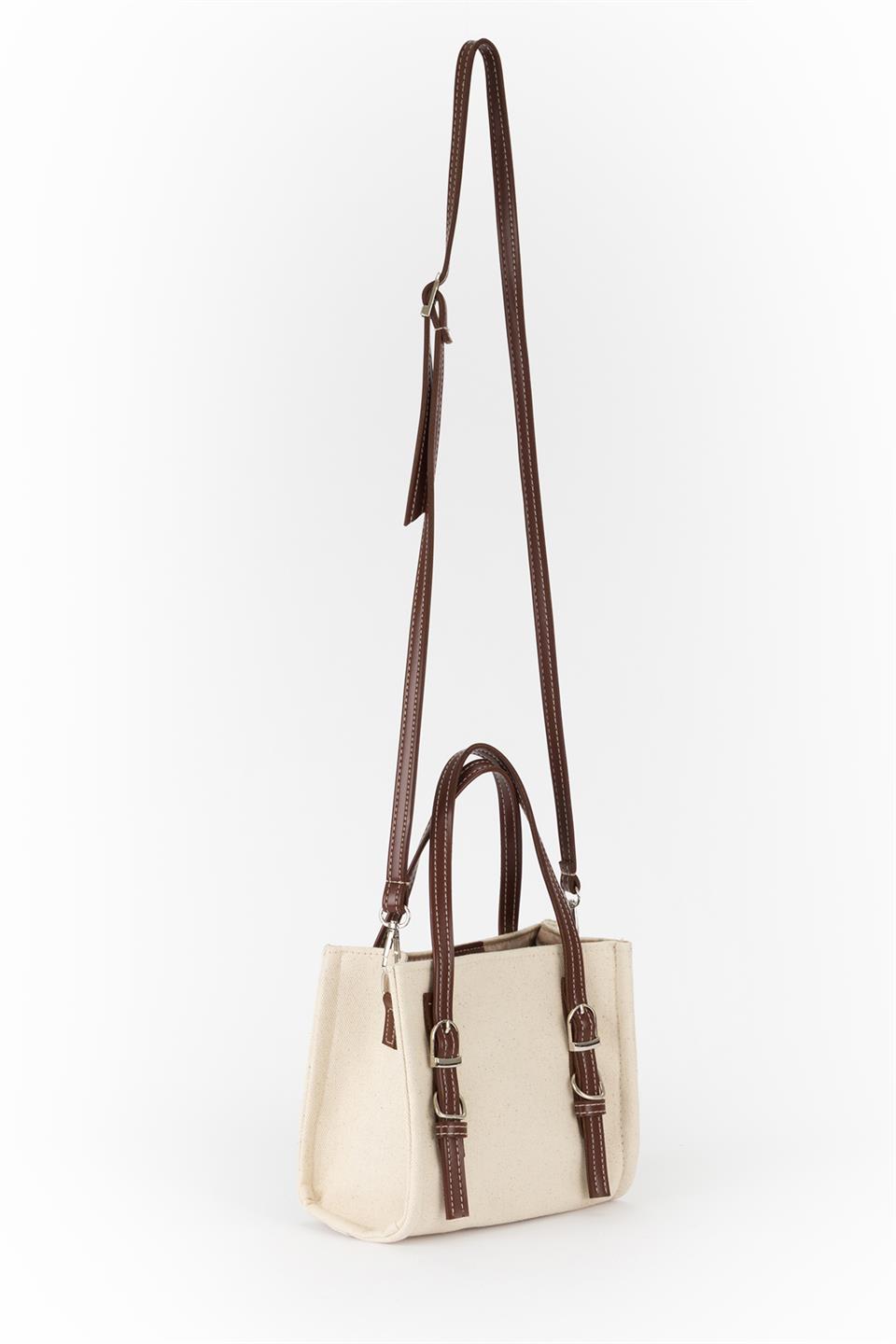 Deri Saplı Keten Çapraz Çanta Ekru
