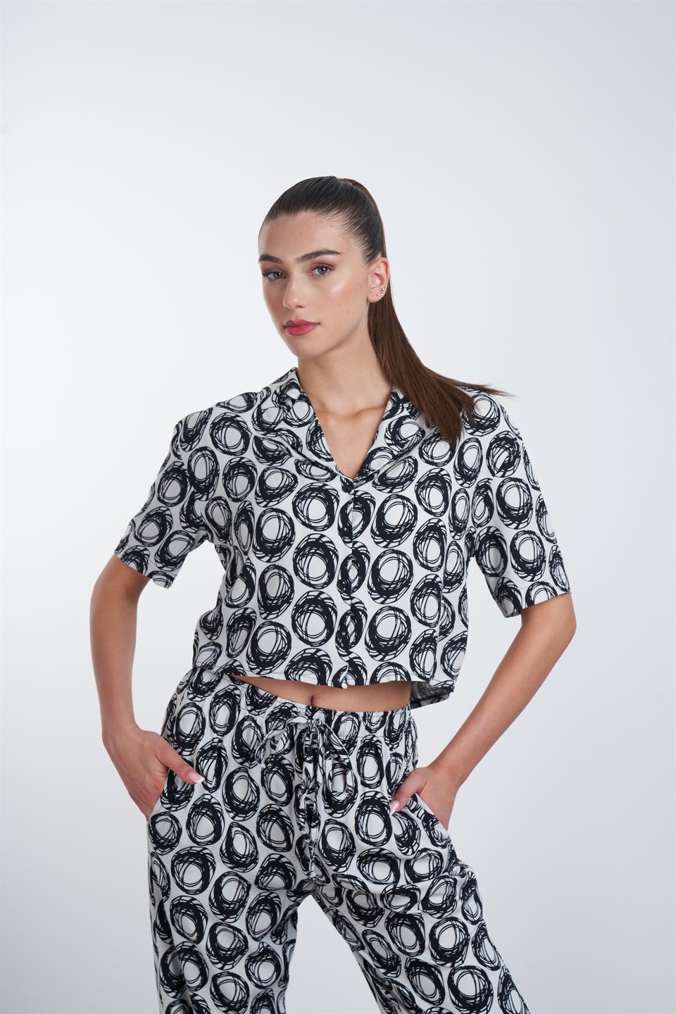 Desenli Kısa Gömlek Gri-Siyah