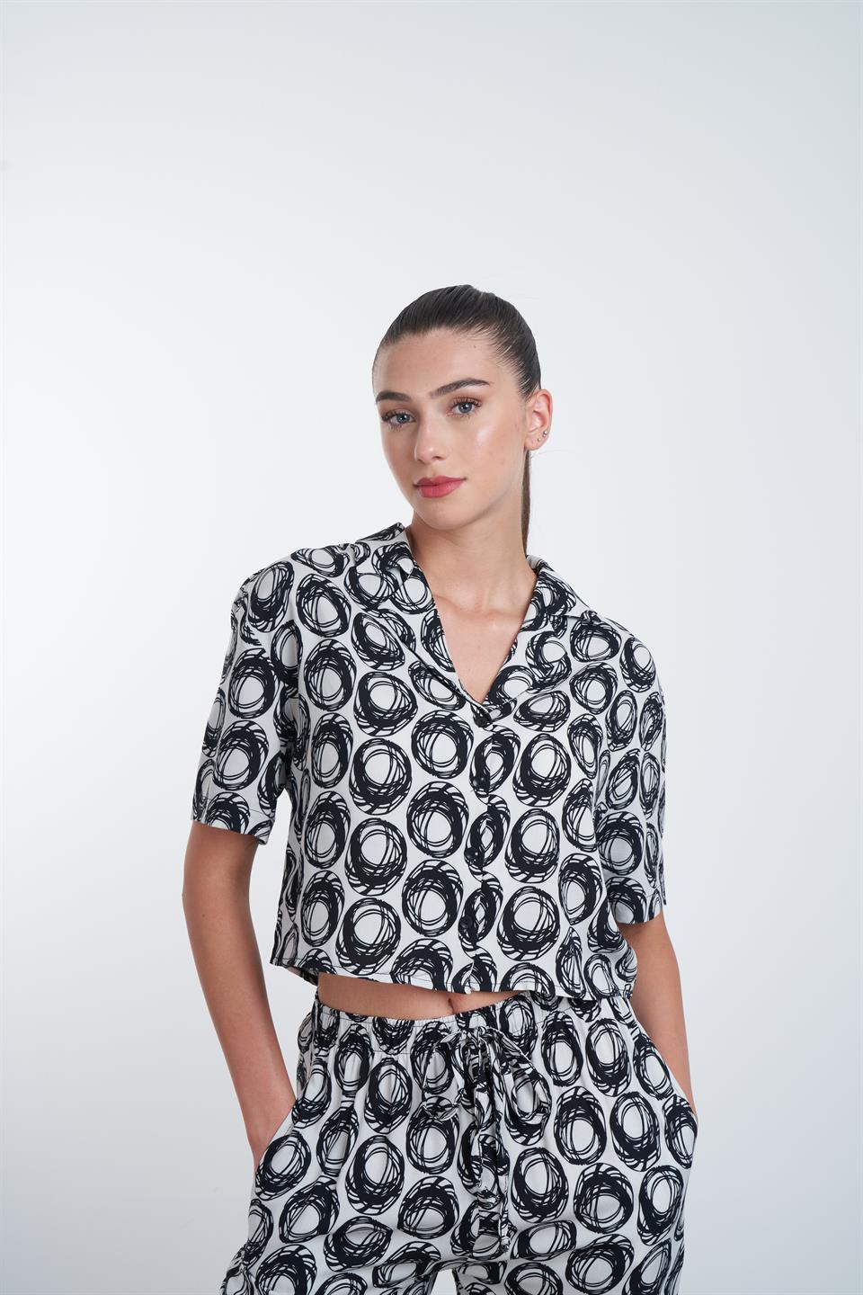 Desenli Kısa Gömlek Gri-Siyah