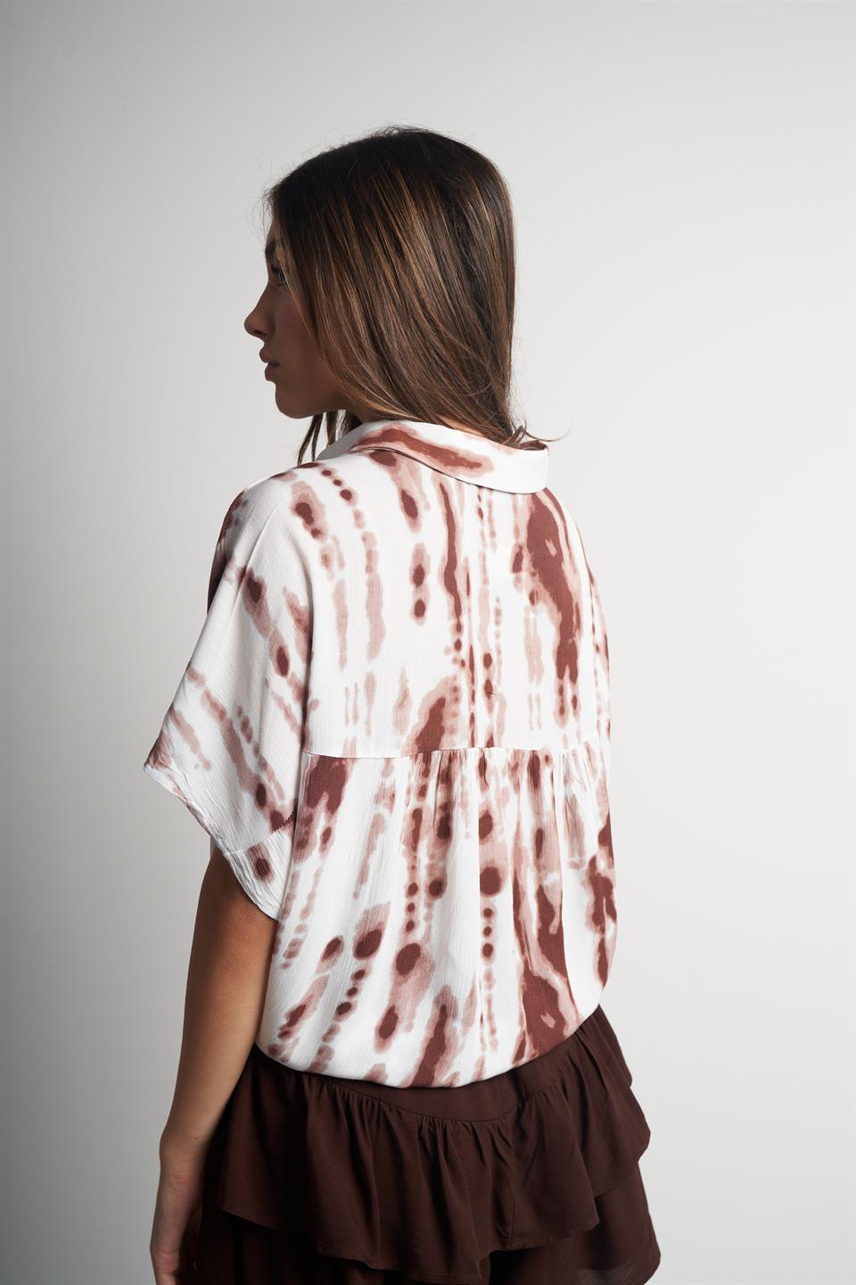 Desenli Krinkıl Kısa Kol Gömlek Beyaz-Kahve