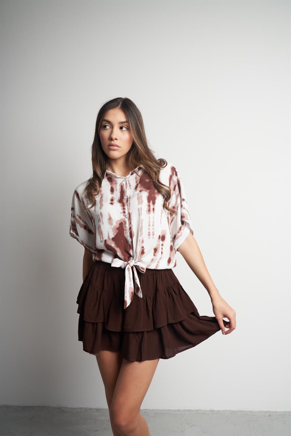 Desenli Krinkıl Kısa Kol Gömlek Beyaz-Kahve