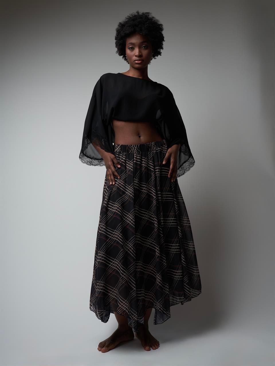 Desenli Tül Uzun Etek Ekose