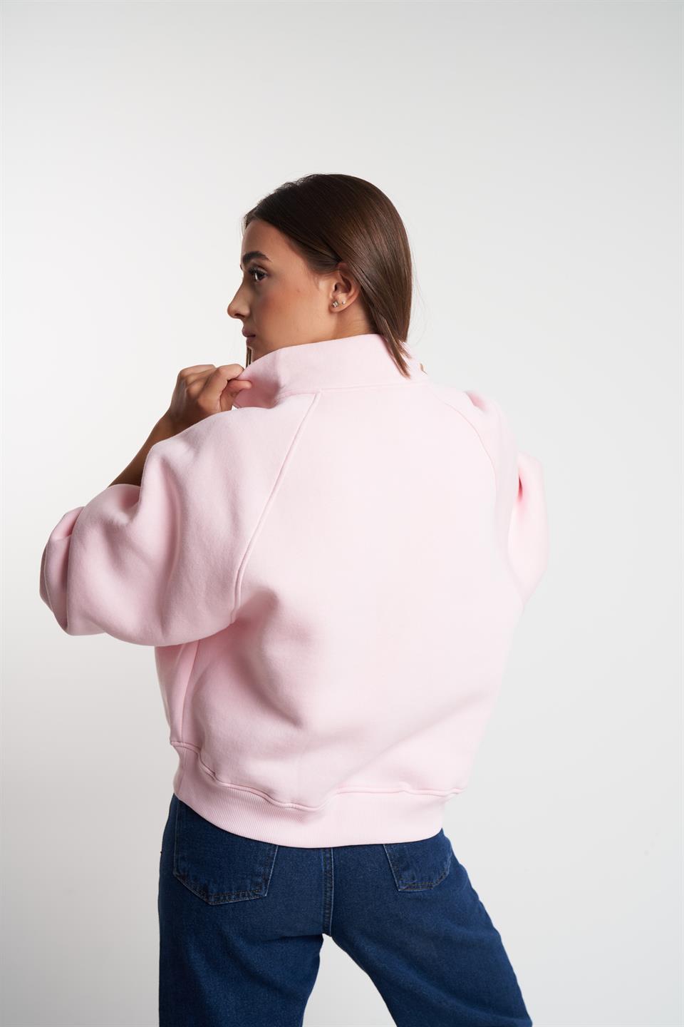 Dik Yaka Şardonlu Sweatshirt Toz Pembe