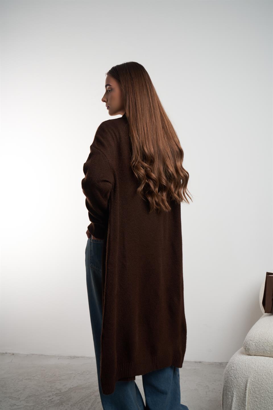 Dik Yaka Uzun Hırka Acı Kahve