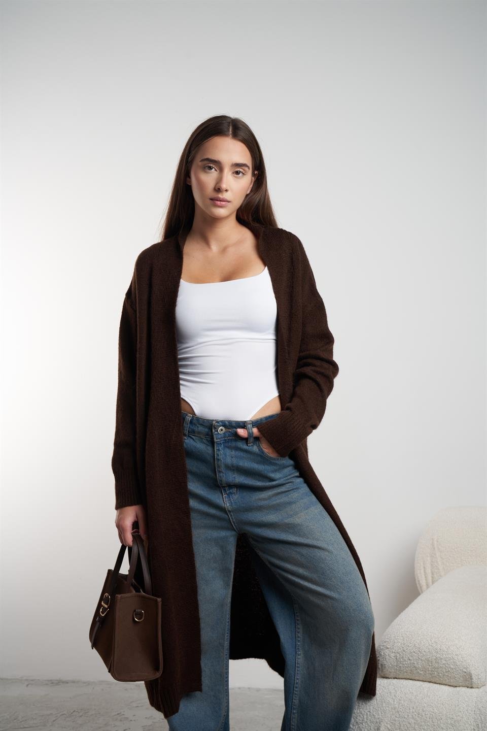 Dik Yaka Uzun Hırka Acı Kahve