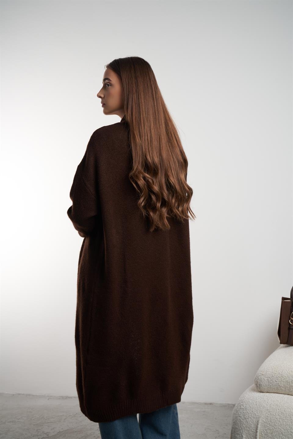 Dik Yaka Uzun Hırka Acı Kahve