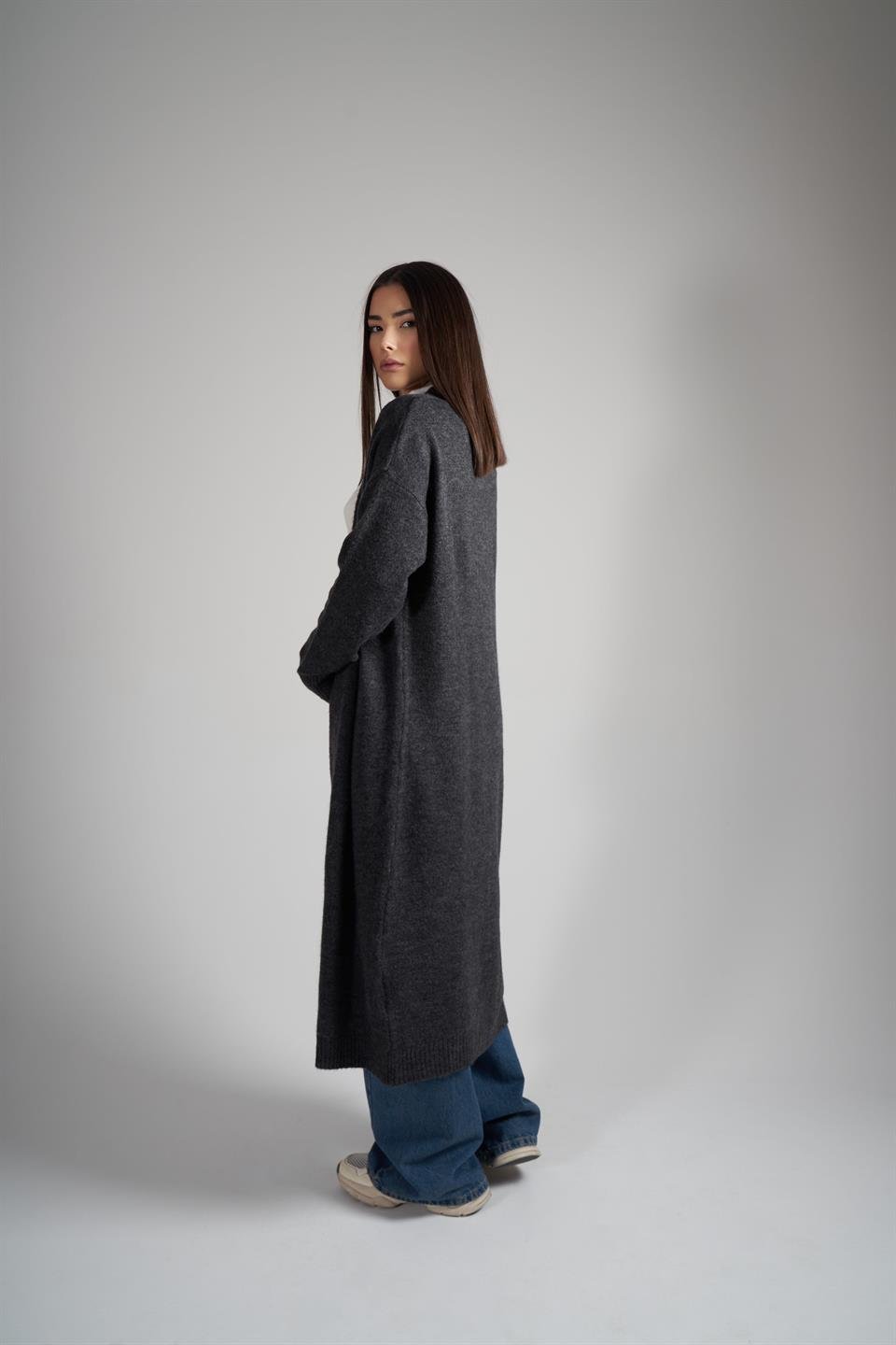 Dik Yaka Uzun Hırka Antrasit