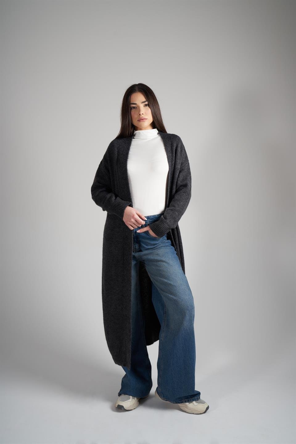 Dik Yaka Uzun Hırka Antrasit