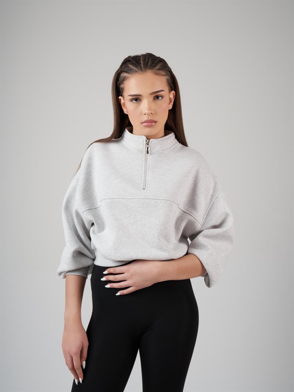 Dik Yaka Yarım Fermuarlı Sweatshirt Karmelanj