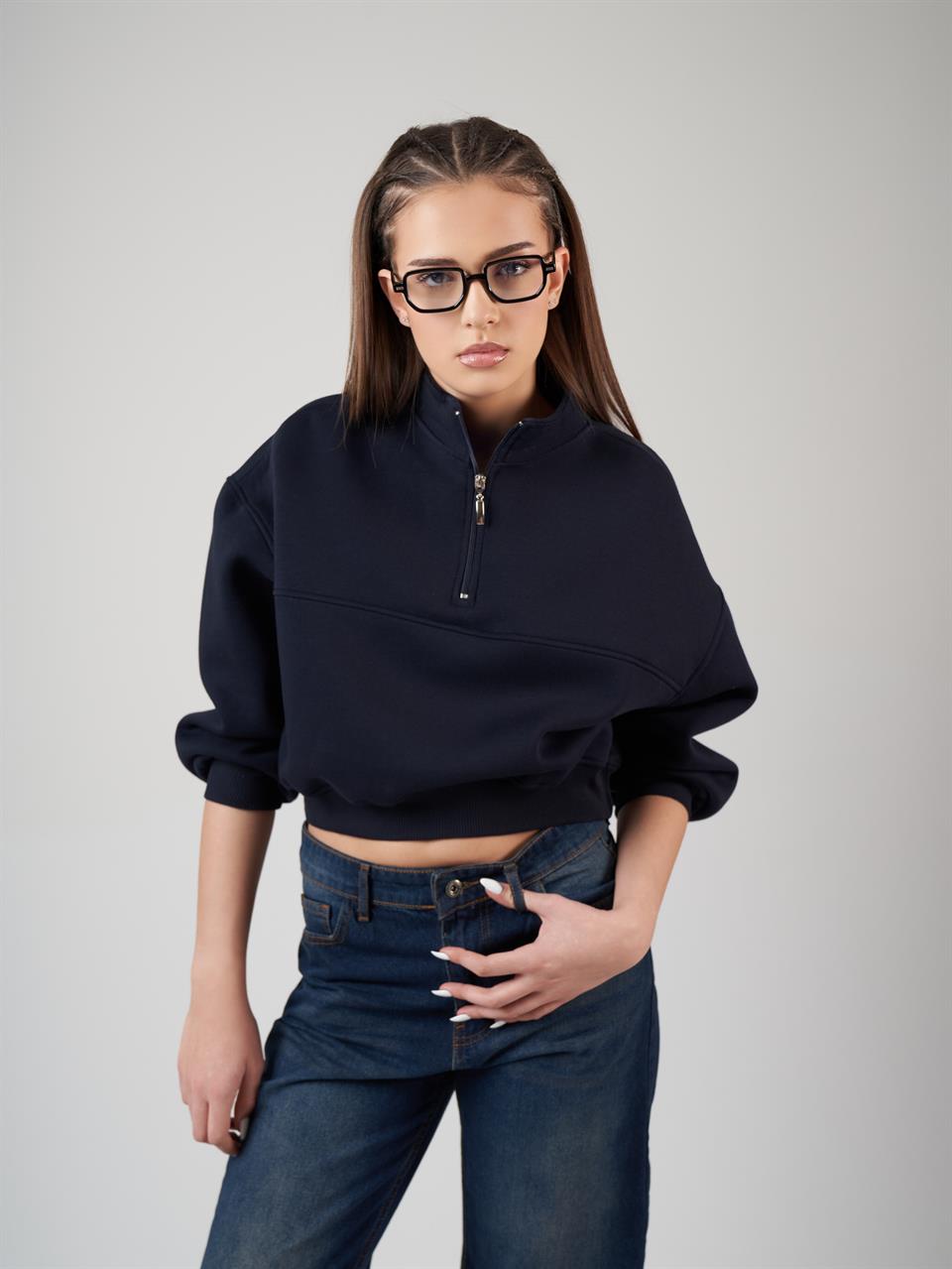 Dik Yaka Yarım Fermuarlı Sweatshirt Koyu Lacivert