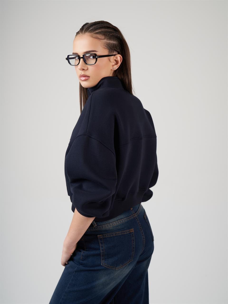 Dik Yaka Yarım Fermuarlı Sweatshirt Koyu Lacivert