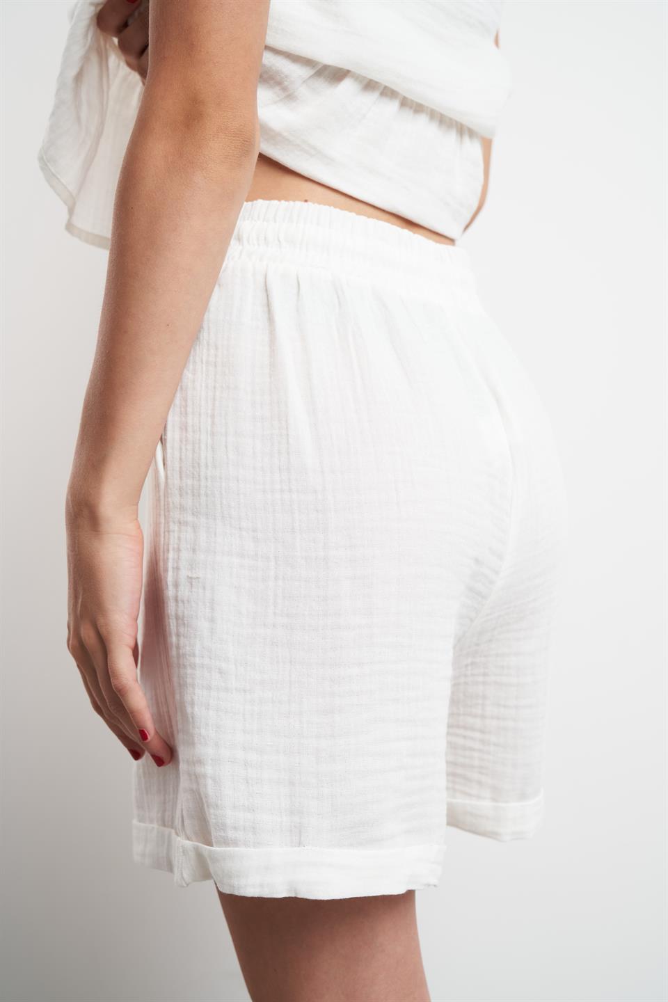 Duble Paça Müslin Şort Ekru