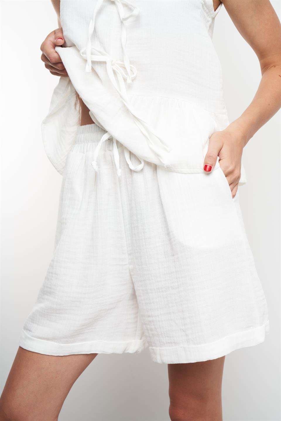 Duble Paça Müslin Şort Ekru