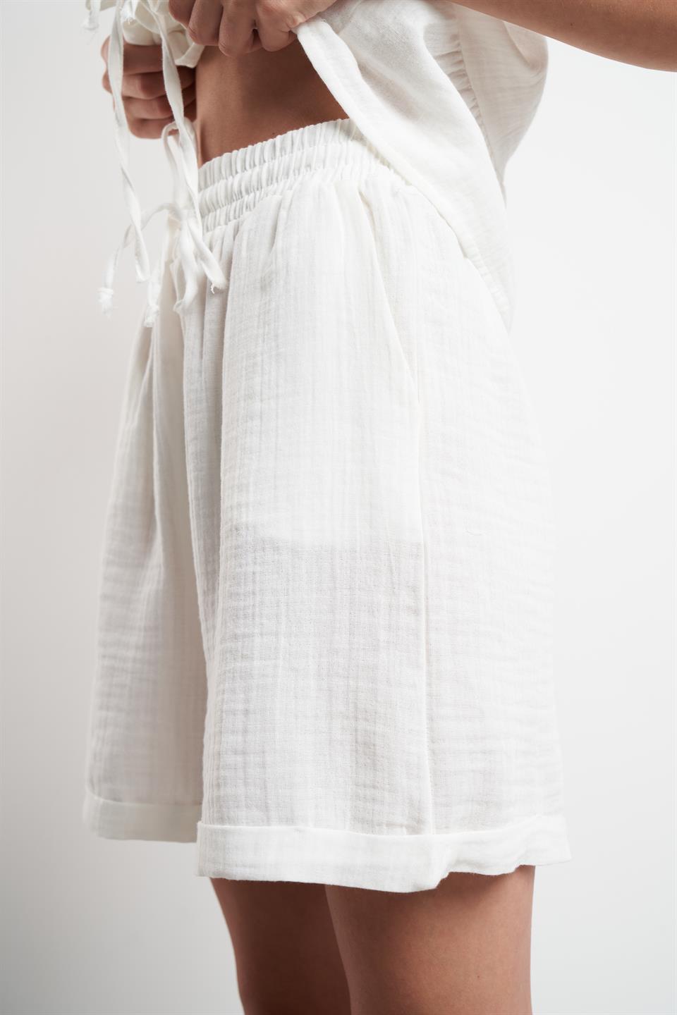 Duble Paça Müslin Şort Ekru