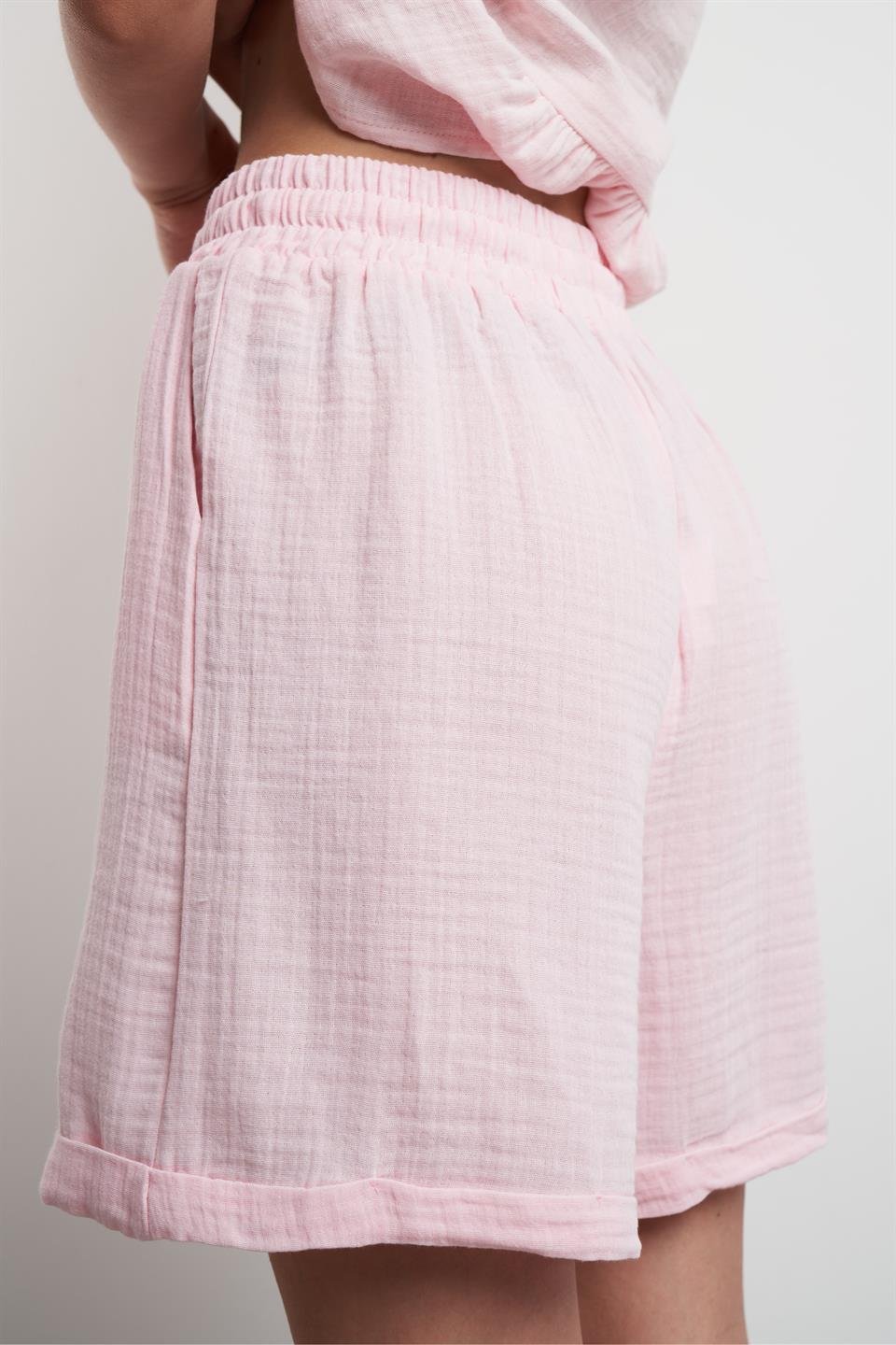 Duble Paça Müslin Şort Pembe