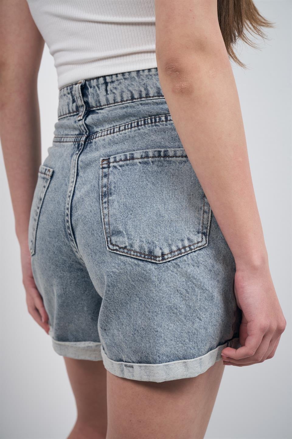 Duble Paça Yıkamalı Jean Şort Açık Mavi