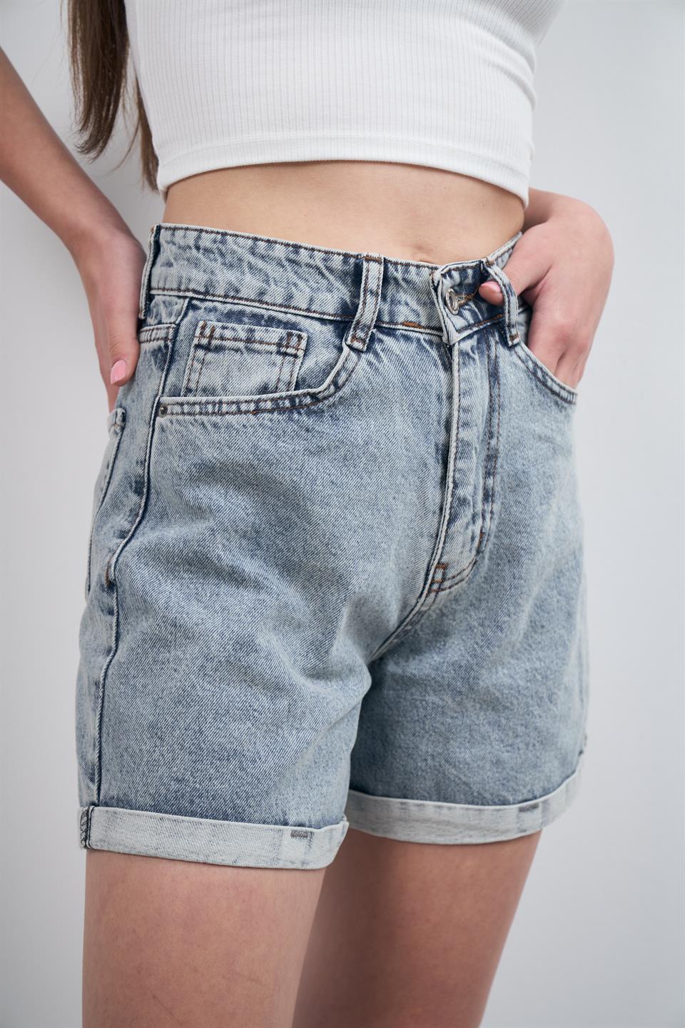 Duble Paça Yıkamalı Jean Şort Açık Mavi