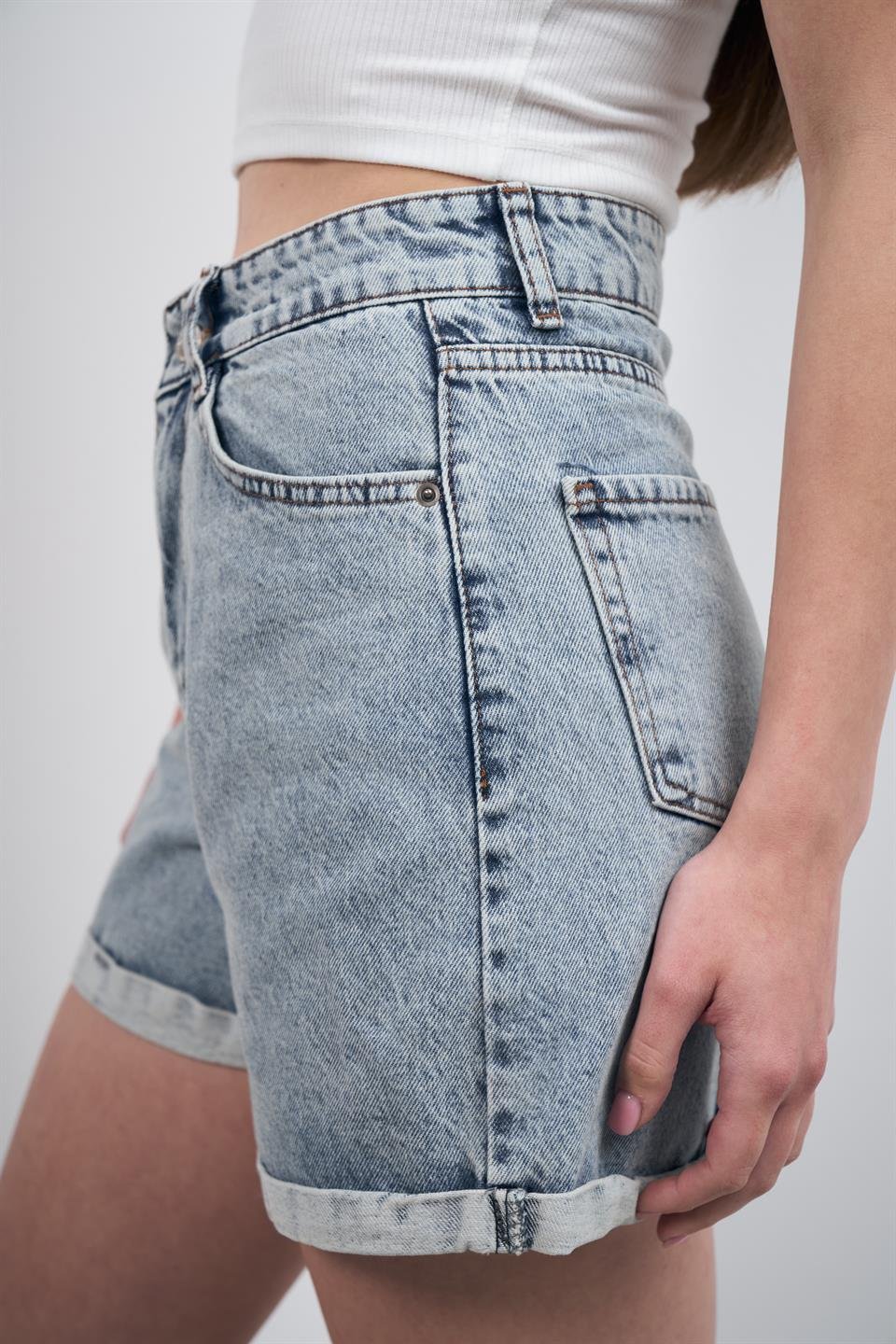 Duble Paça Yıkamalı Jean Şort Açık Mavi