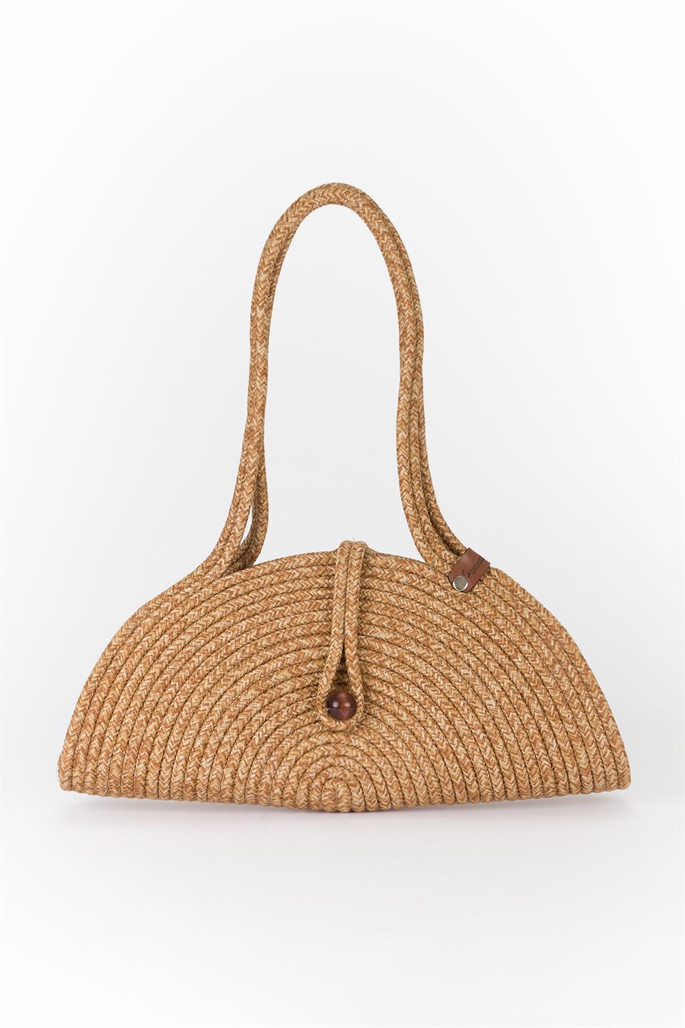 Düğme Detaylı Hasır Baget Çanta Bej