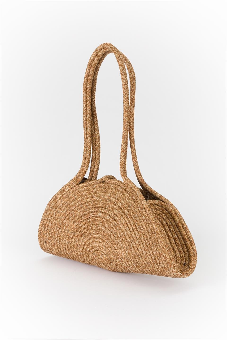 Düğme Detaylı Hasır Baget Çanta Bej