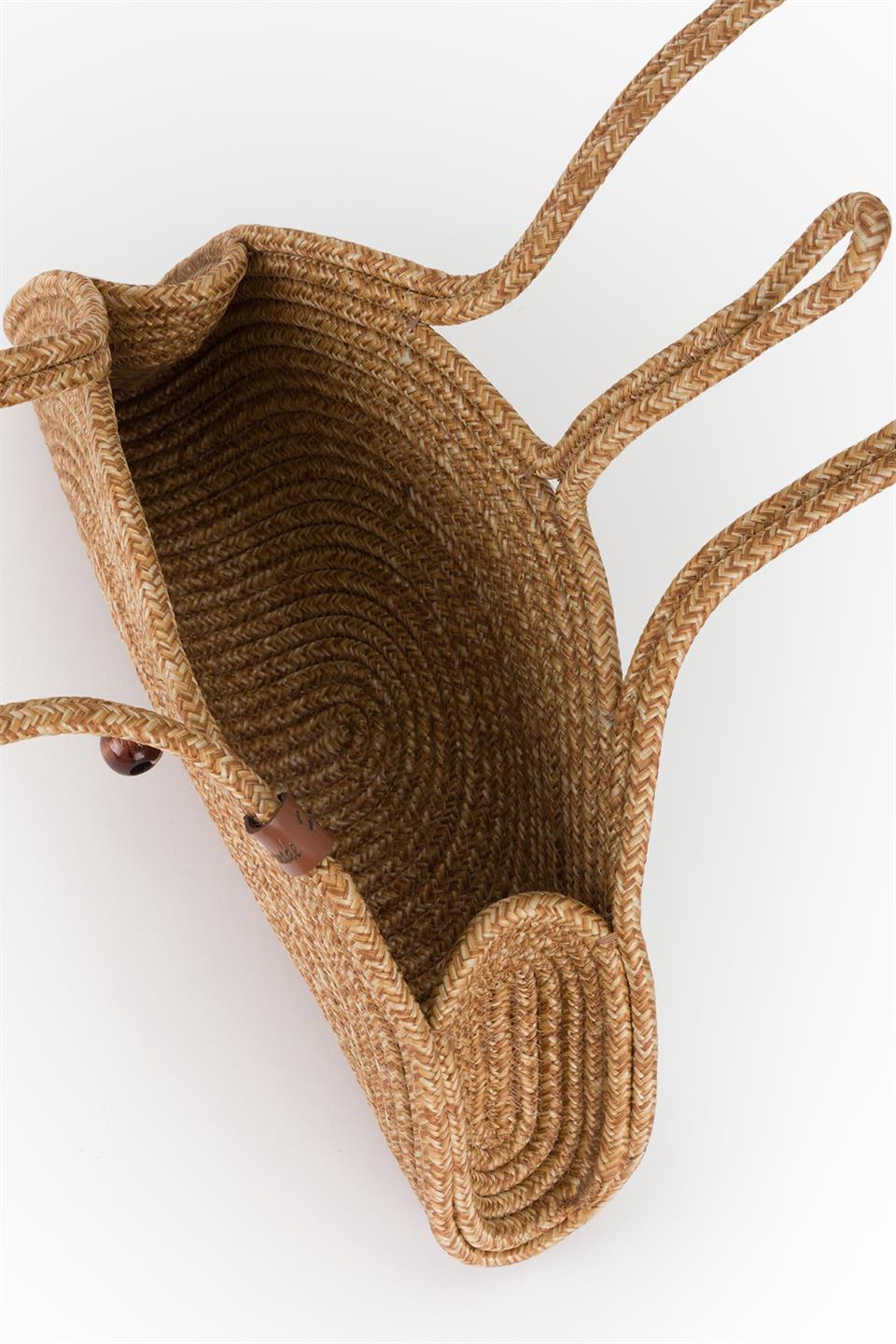 Düğme Detaylı Hasır Baget Çanta Bej