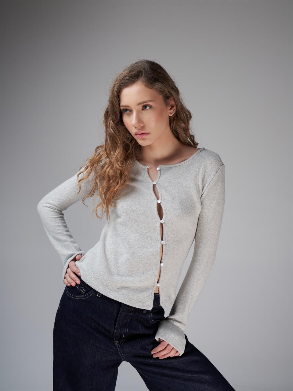 Düğme Detaylı Triko Uzun Kol Bluz Karmelanj