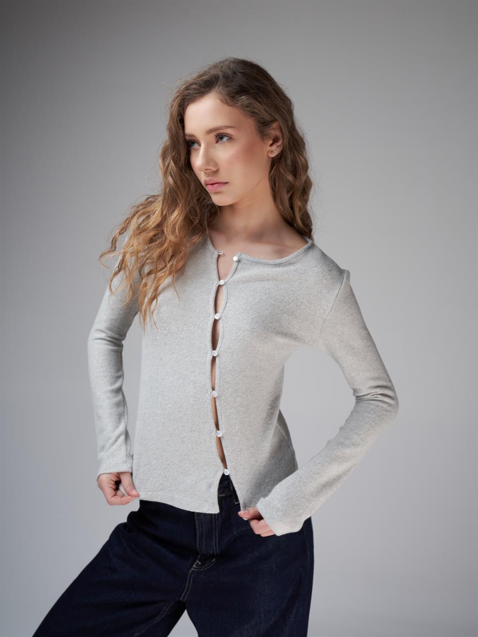 Düğme Detaylı Triko Uzun Kol Bluz Karmelanj