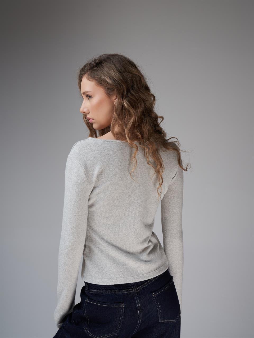 Düğme Detaylı Triko Uzun Kol Bluz Karmelanj