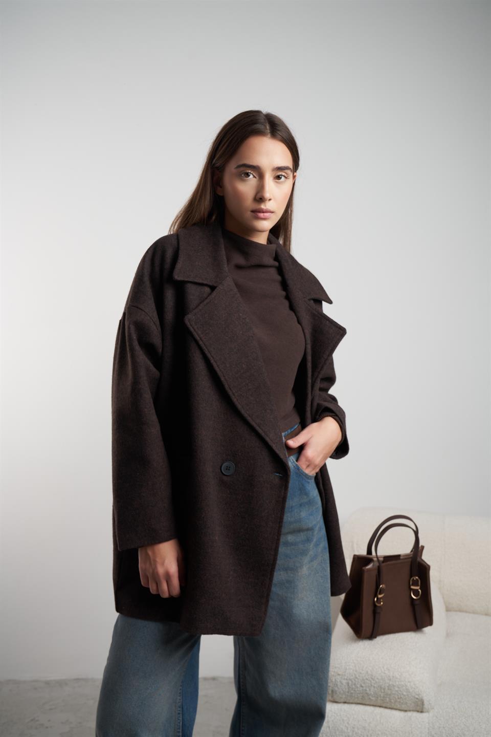 Yakalı Kaşe Ceket Acı Kahve