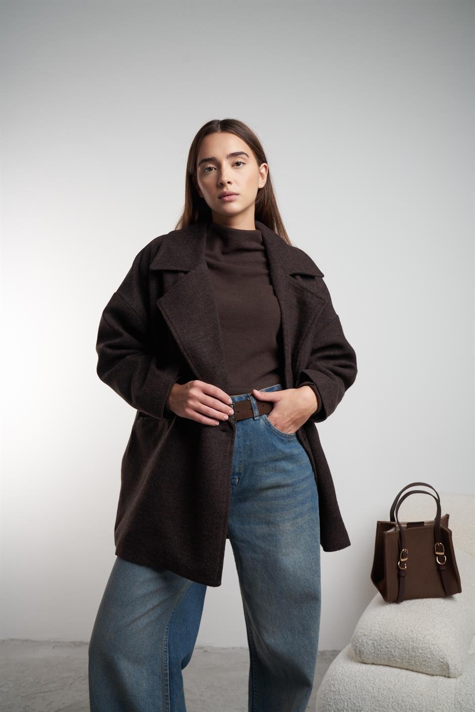 Yakalı Kaşe Ceket Acı Kahve