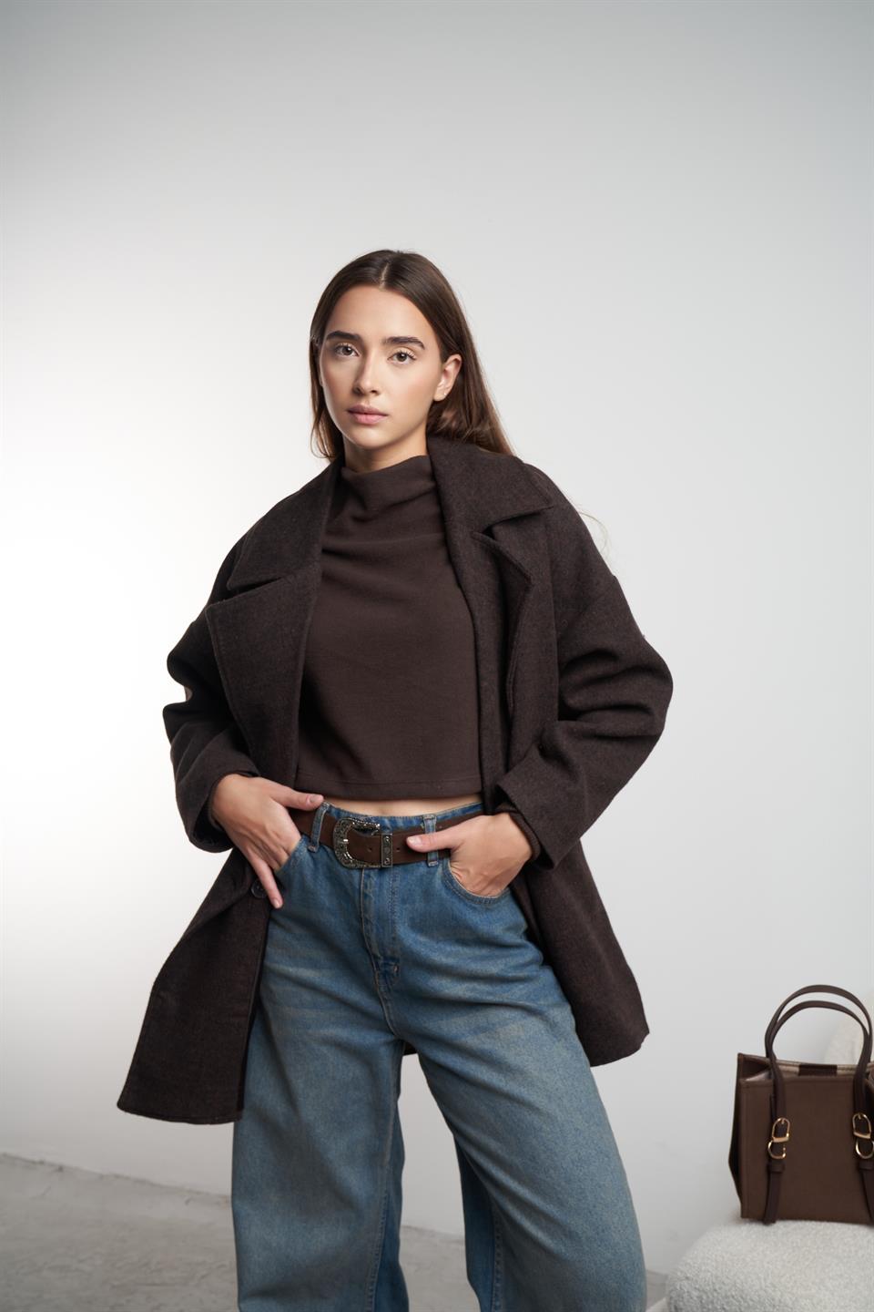 Yakalı Kaşe Ceket Acı Kahve