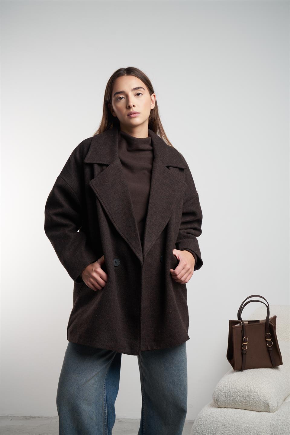 Yakalı Kaşe Ceket Acı Kahve