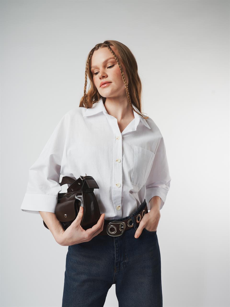 Düğmeli Oval Kesim Gömlek Ekru