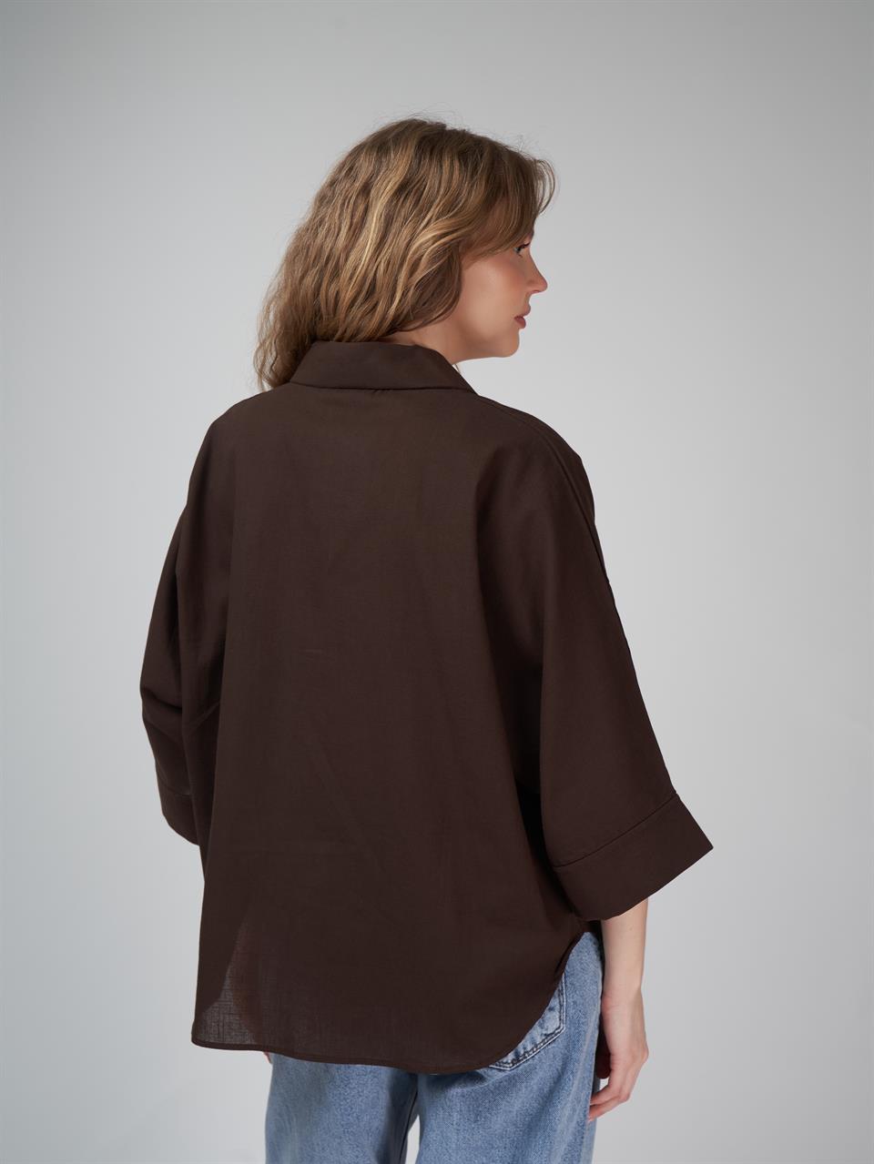 Düğmeli Oval Kesim Gömlek Kahve