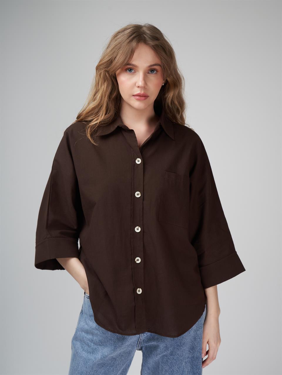 Düğmeli Oval Kesim Gömlek Kahve