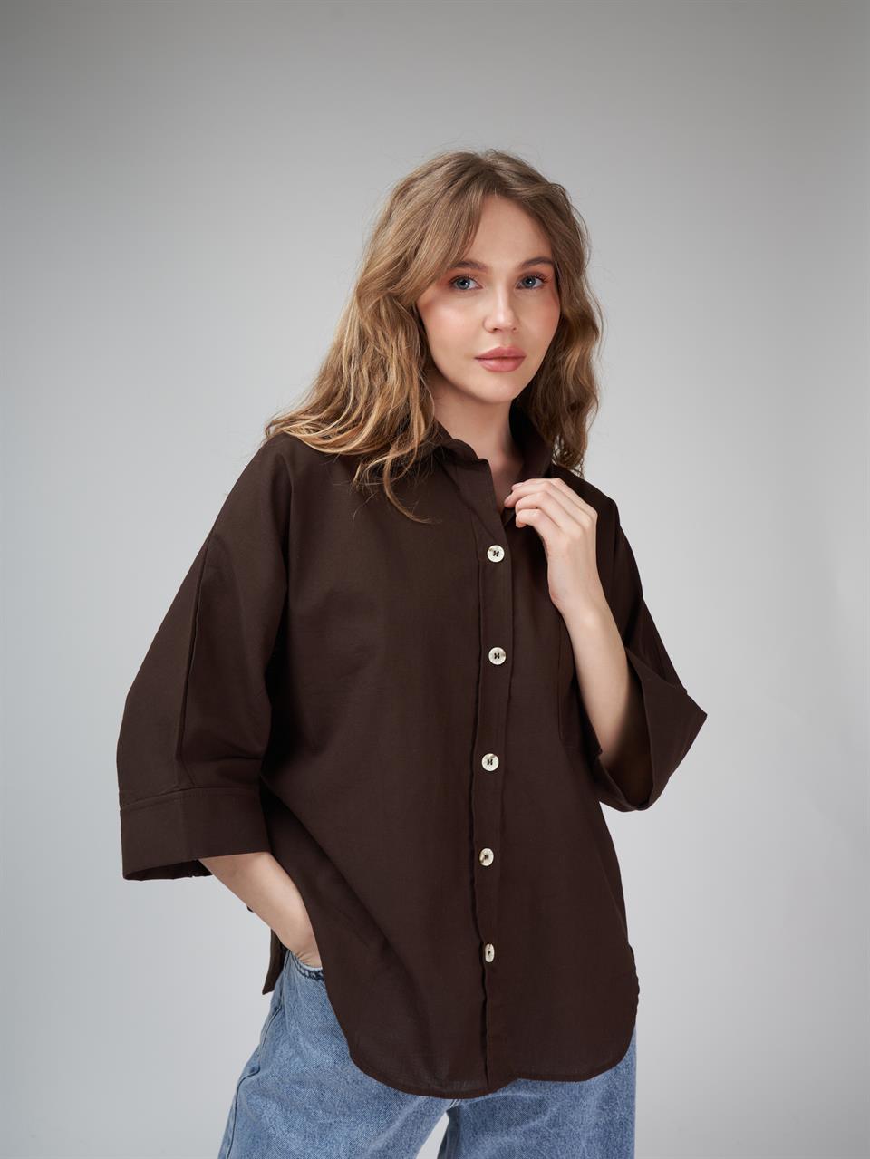 Düğmeli Oval Kesim Gömlek Kahve