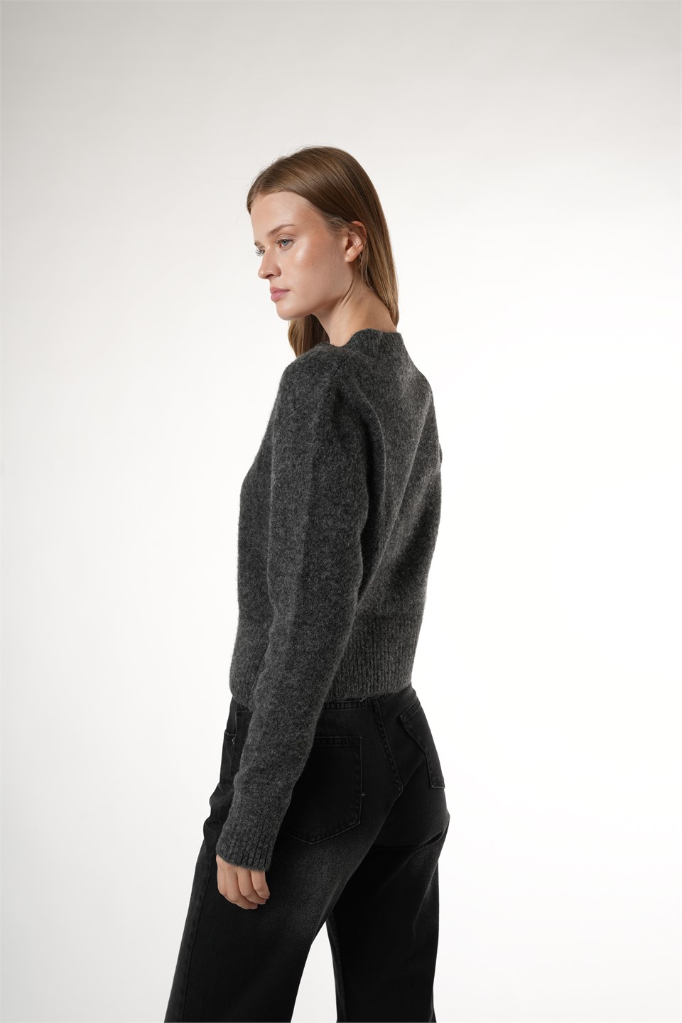 Düğmeli Uzun Kol Hırka Antrasit Melanj