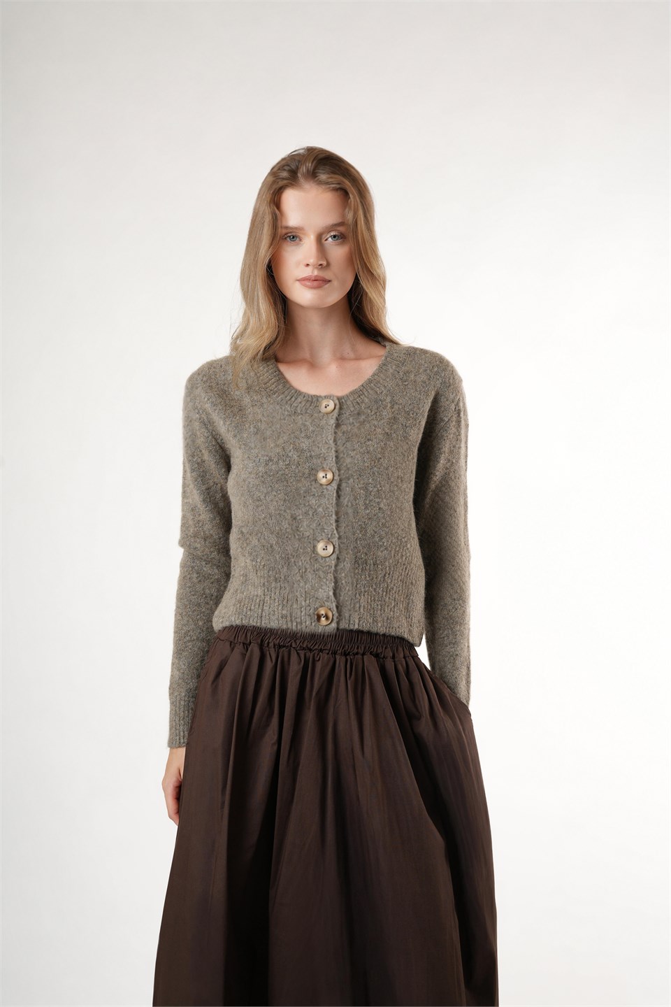 Düğmeli Uzun Kol Hırka Vizon Melanj