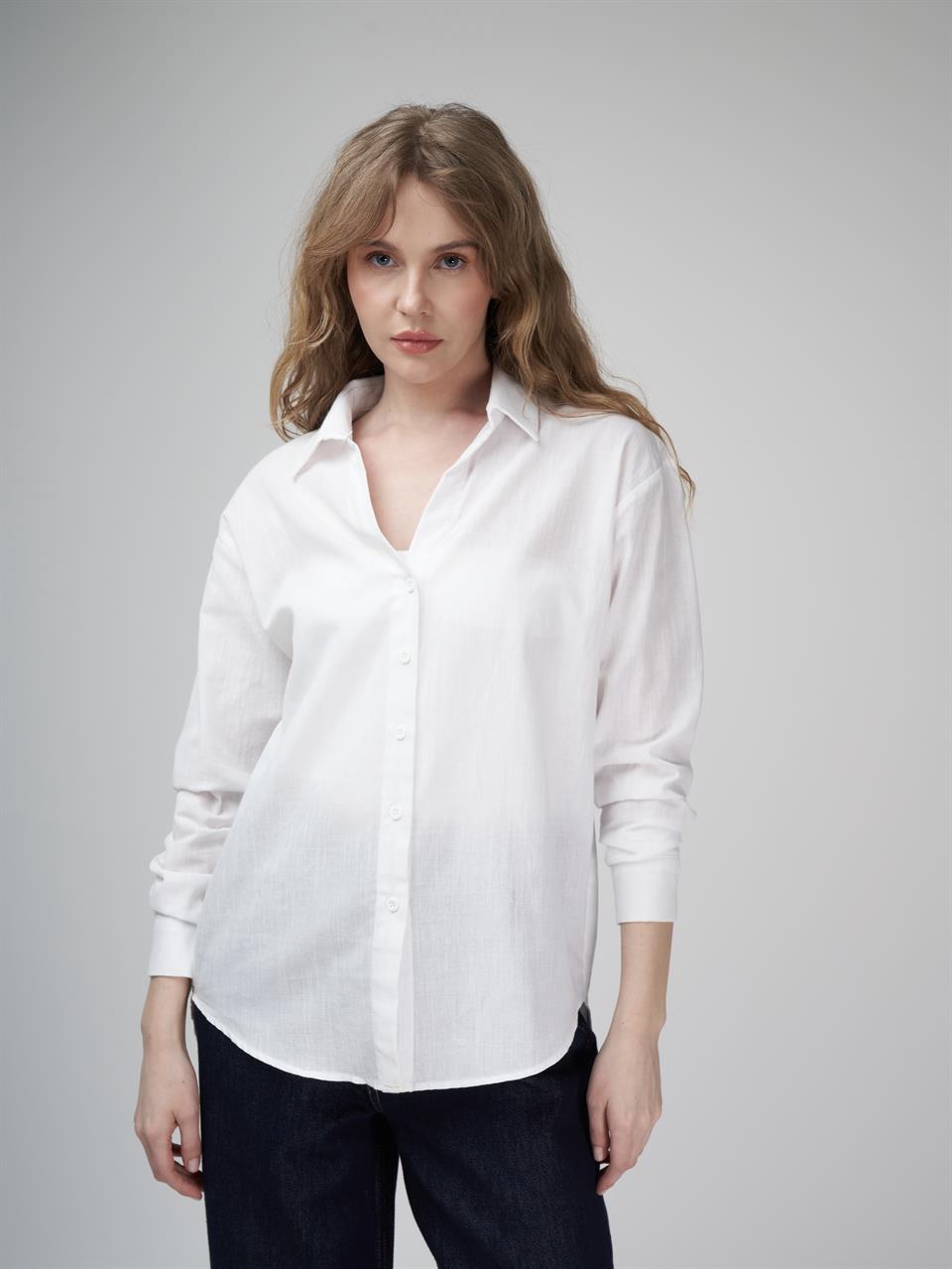 Düz Uzun Kol Gömlek Ekru