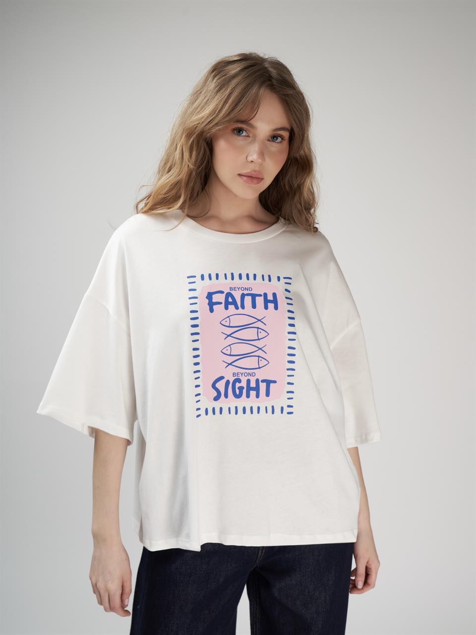 Faith Baskılı Kısa Kol T-shirt Ekru