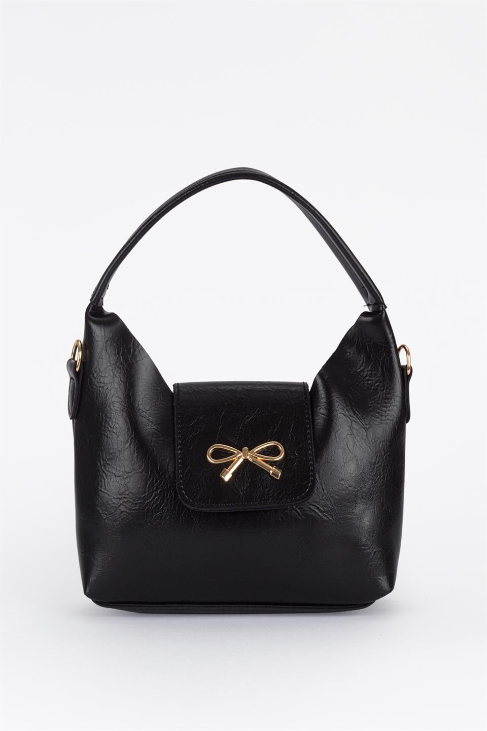 Fiyonk Detaylı Kapaklı Çapraz Çanta Siyah