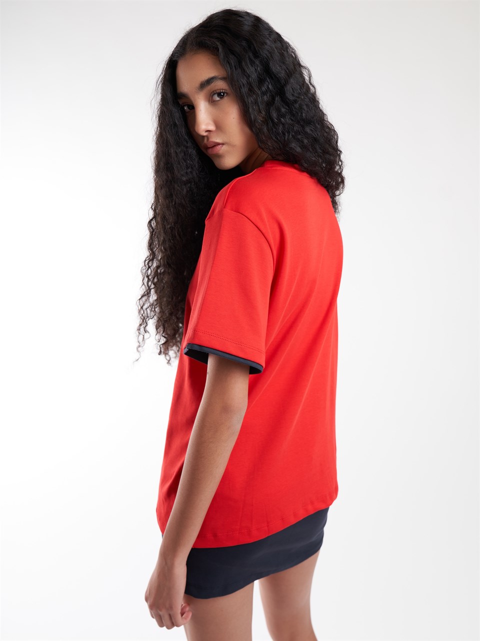Garnili Basic Kısa Kol T-shirt Kırmızı-Lacivert