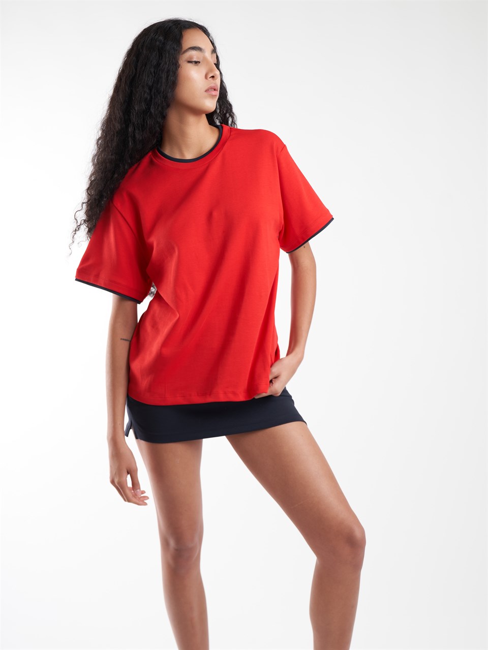 Garnili Basic Kısa Kol T-shirt Kırmızı-Lacivert