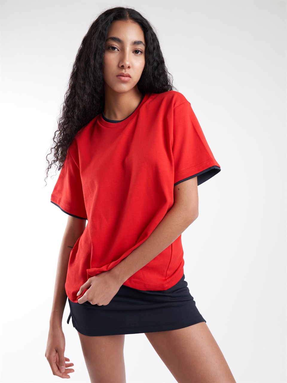 Garnili Basic Kısa Kol T-shirt Kırmızı-Lacivert