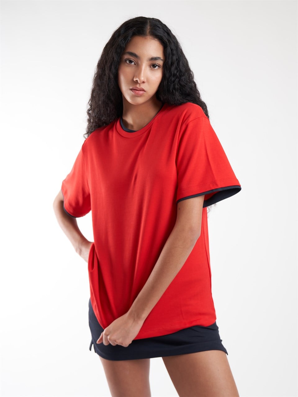 Garnili Basic Kısa Kol T-shirt Kırmızı-Lacivert