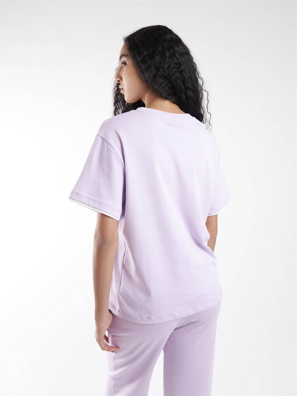 Garnili Basic Kısa Kol T-shirt Lila-Ekru
