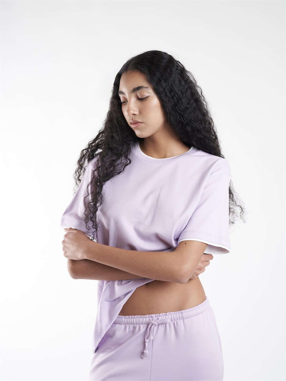 Garnili Basic Kısa Kol T-shirt Lila-Ekru