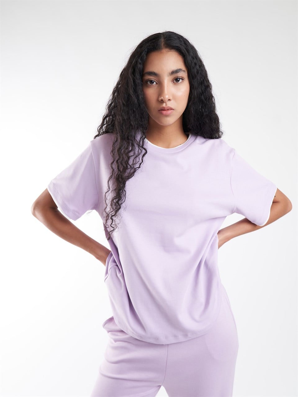 Garnili Basic Kısa Kol T-shirt Lila-Ekru