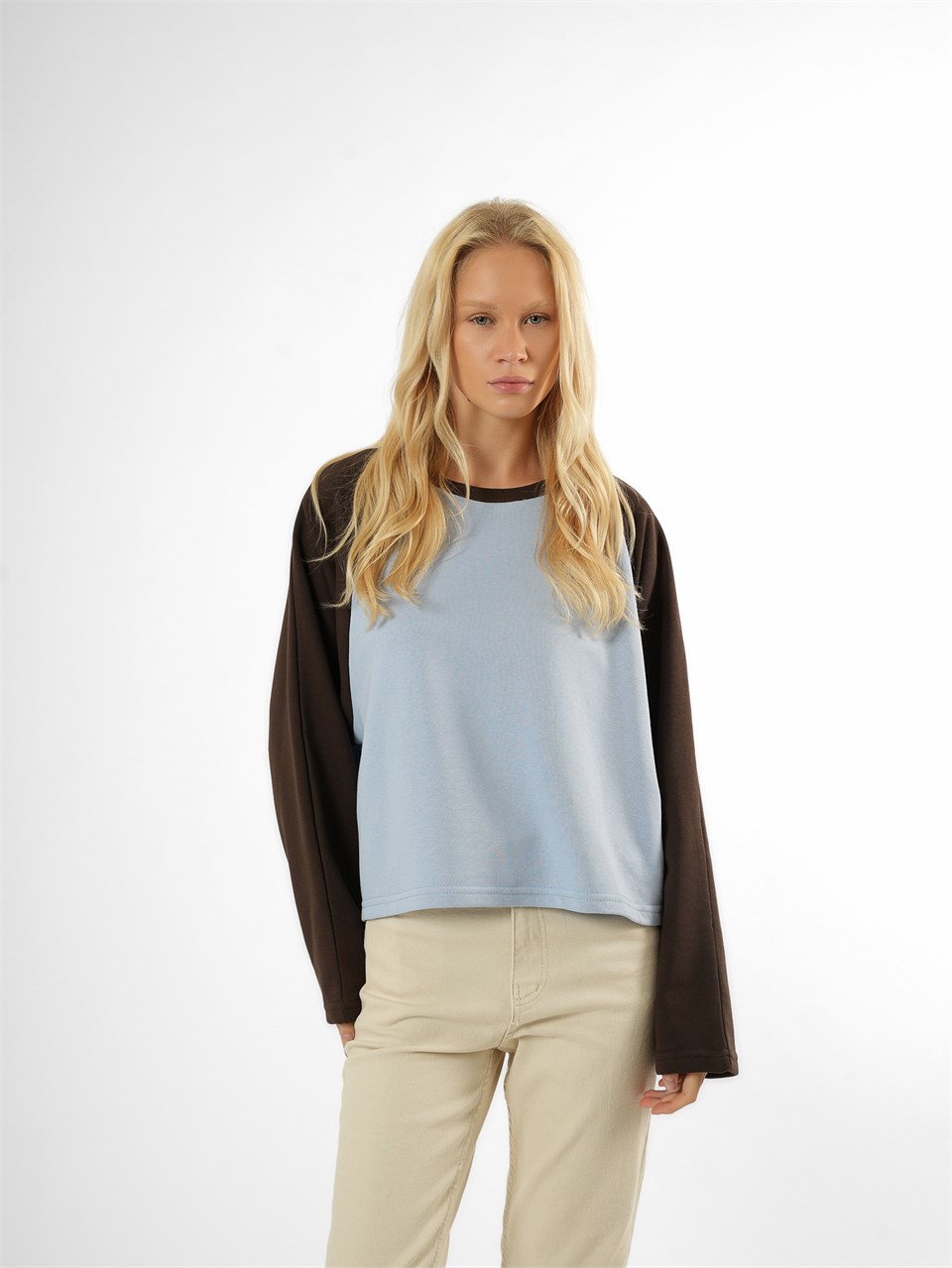 Garnili Uzun Kol Sweatshirt Kahve-Bebe Mavi