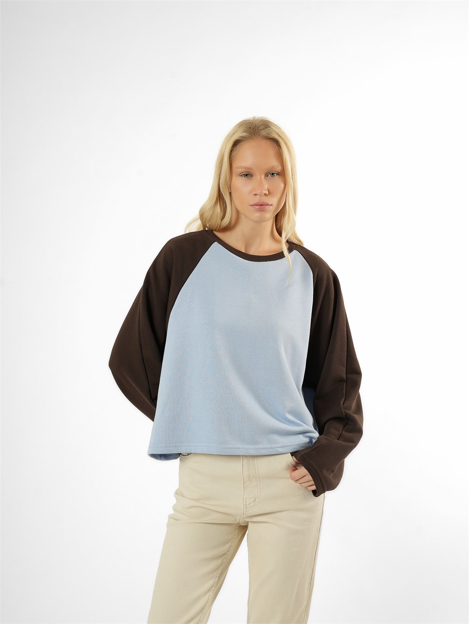 Garnili Uzun Kol Sweatshirt Kahve-Bebe Mavi
